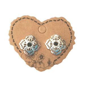 Vintage Black Onyx Flower Stud Earrings Sterling Silver Plated Post Screw